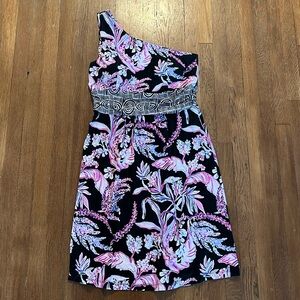Lilly Pulitzer One Shoulder Dress - Black, Pink, White